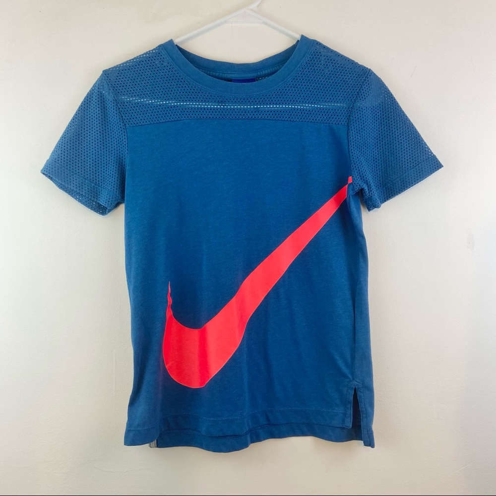 Nike Short Sleeve Shirt Blue Mesh Red Swoosh Medium